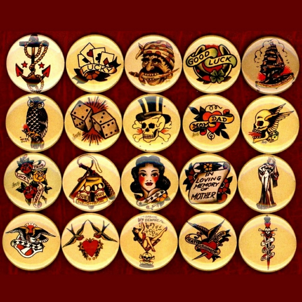 Flash tattoo set of 20! 1 inch size buttons/pins
